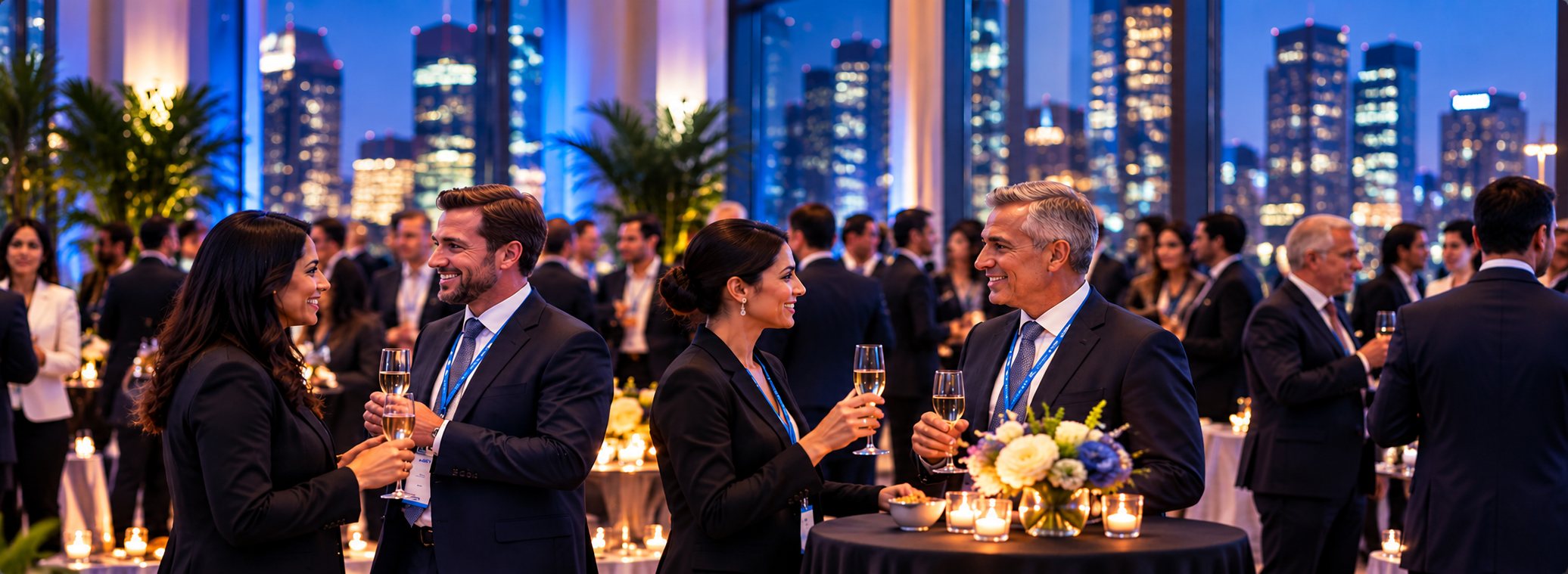 Guests in conversation at an evening reception against a city skyline