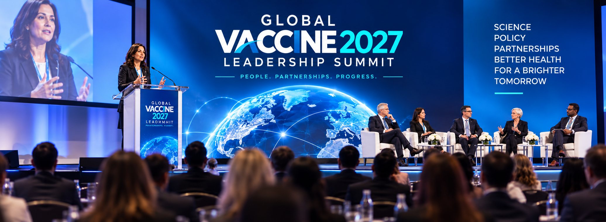 A speaker addresses delegates from the summit stage while a panel of leaders listens